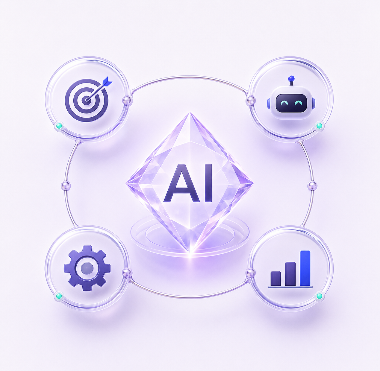 A luminous AI core connecting strategy, AI agents, automation and business insight